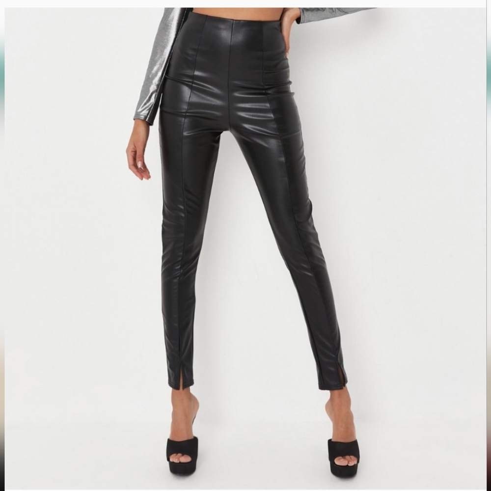 Missguided Faux Leather Split Front High Waisted Leggings Black Vegan-4